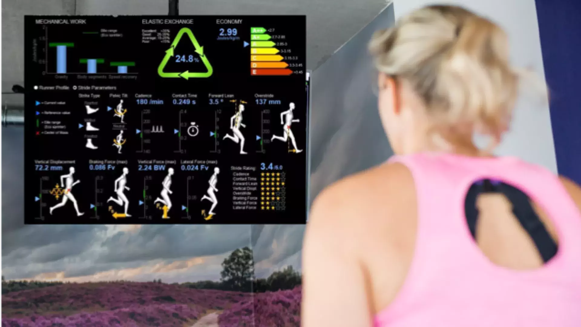 hardloopster kijkt naar een dashboard met allerlei data over haar hardloopanalyse
