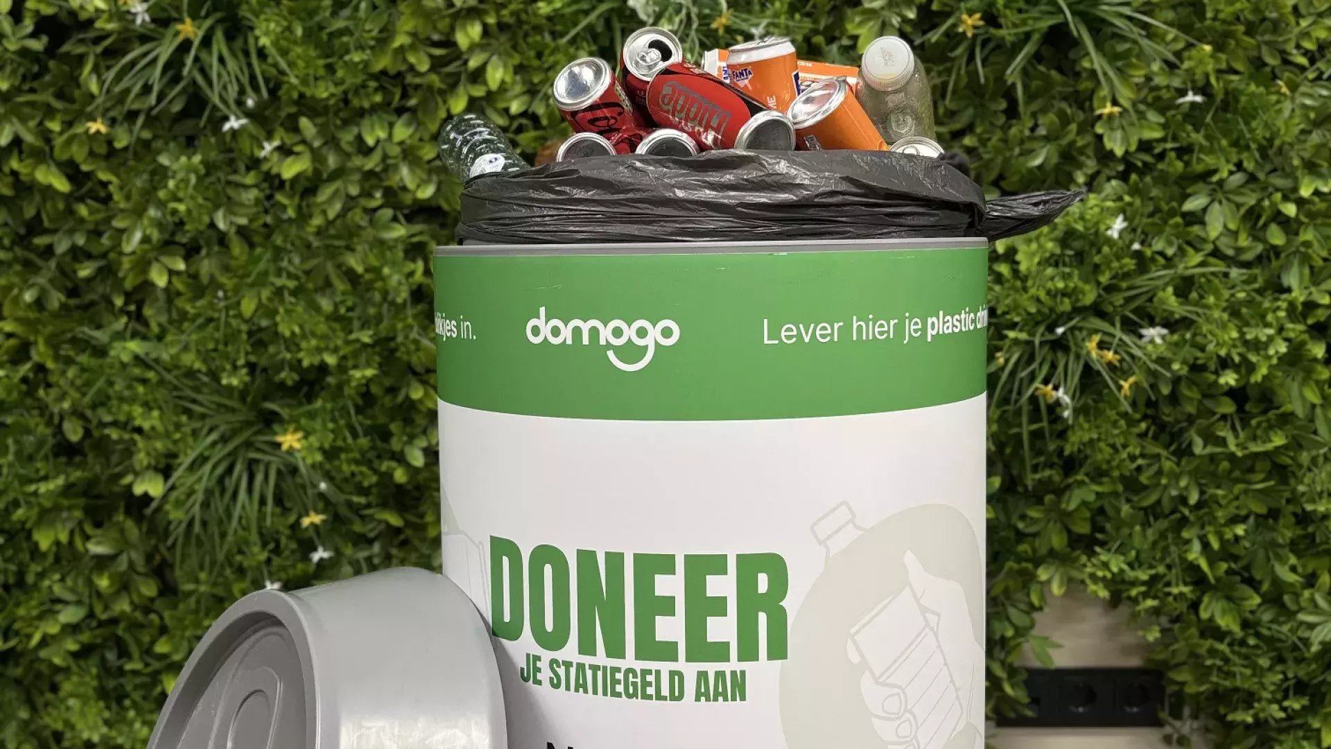 voorbeeld van een statiegeldbak. De bak is gevuld met lege blikjes drinken, links naast de bak ligt de deksel. Op de achtergrond is een natuurmuur, een muur vol met planten, klimops