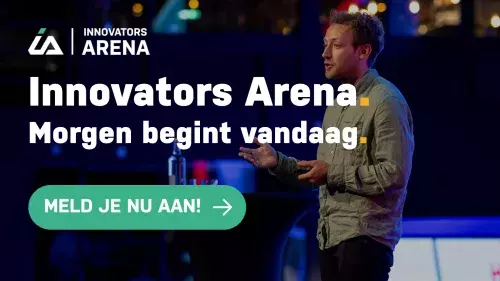 banner met oproep om aan te melden voor de start-up contest Innovators Arena. Op de tekst staat: Meld je aan voor de Innovators Arena. Morgen Begint Vandaag!